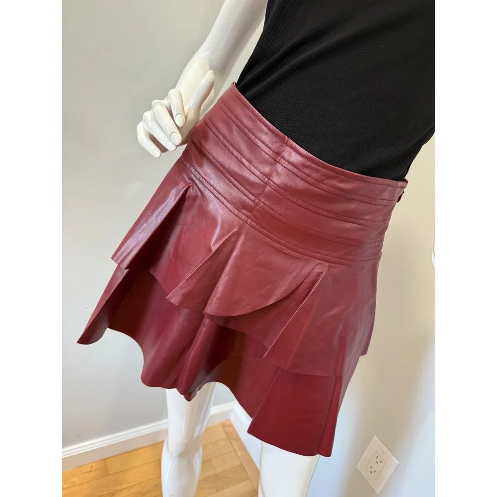 Commense Burgundy Faux Leather Skirt Ruffle Mini High Waist‎ Party Cocktail S
